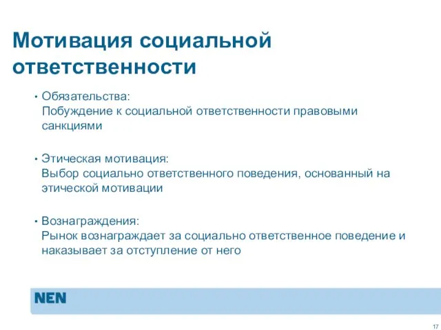 MVO in de praktijk: ISO 26000 Мотивация социальной ответственности Обязательства: Побуждение к