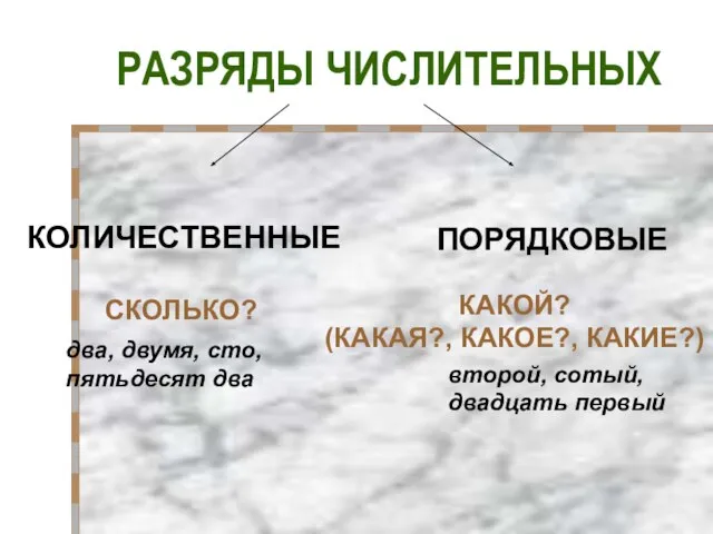 РАЗРЯДЫ ЧИСЛИТЕЛЬНЫХ КОЛИЧЕСТВЕННЫЕ СКОЛЬКО? ПОРЯДКОВЫЕ КАКОЙ? (КАКАЯ?, КАКОЕ?, КАКИЕ?) два, двумя, сто,