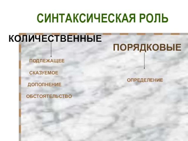 СИНТАКСИЧЕСКАЯ РОЛЬ КОЛИЧЕСТВЕННЫЕ ПОРЯДКОВЫЕ СКАЗУЕМОЕ ПОДЛЕЖАЩЕЕ ДОПОЛНЕНИЕ ОБСТОЯТЕЛЬСТВО ОПРЕДЕЛЕНИЕ