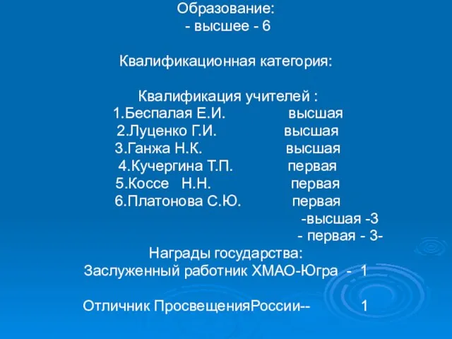 Образование: - высшее - 6 Квалификационная категория: Квалификация учителей : 1.Беспалая Е.И.