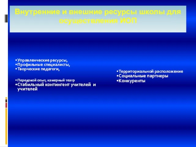 Внутренние и внешние ресурсы школы для осуществления ИОП Управленческие ресурсы, Профильные специалисты,