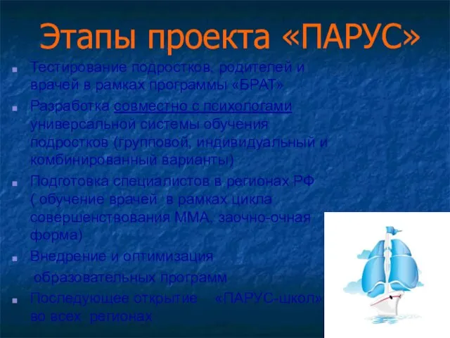 Этапы проекта «ПАРУС» Тестирование подростков, родителей и врачей в рамках программы «БРАТ»