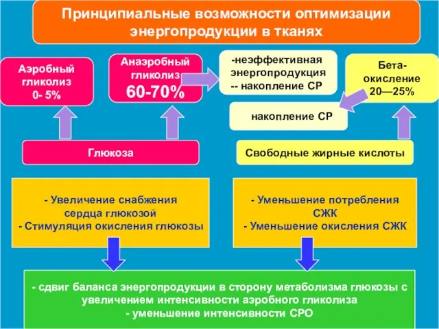 Принципиальные возможности оптимизации энергопродукции в тканях Глюкоза Свободные жирные кислоты Аэробный гликолиз