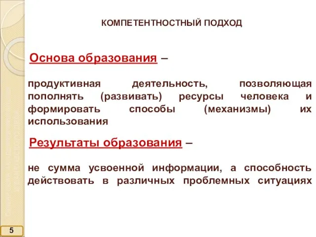 5 КОМПЕТЕНТНОСТНЫЙ ПОДХОД продуктивная деятельность, позволяющая пополнять (развивать) ресурсы человека и формировать