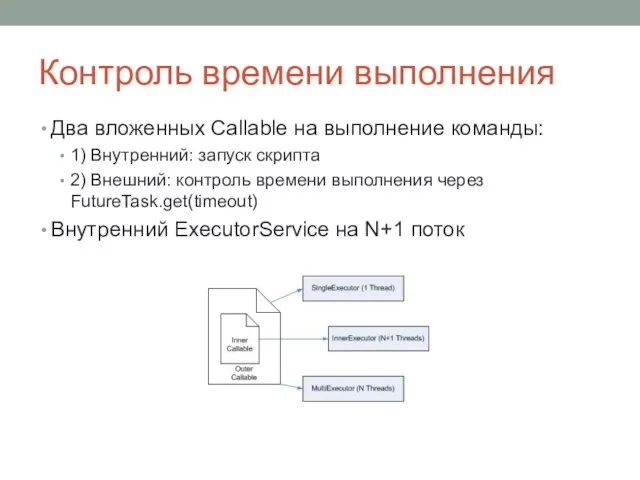 Контроль времени выполнения Два вложенных Callable на выполнение команды: 1) Внутренний: запуск