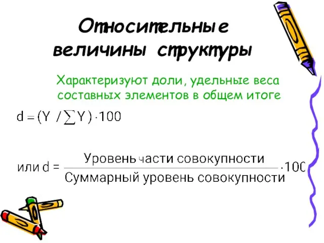 Относительные величины структуры Характеризуют доли, удельные веса составных элементов в общем итоге