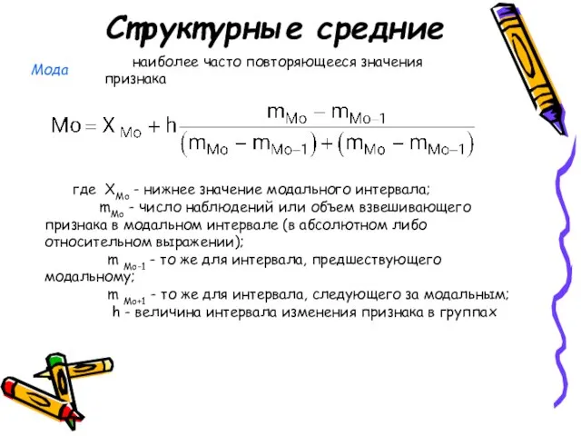 Структурные средние Мода наиболее часто повторяющееся значения признака где ХMo - нижнее