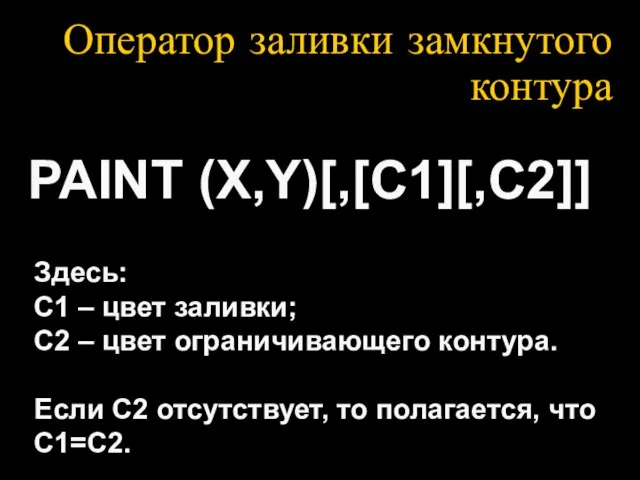 Оператор заливки замкнутого контура PAINT (X,Y)[,[C1][,C2]] Здесь: С1 – цвет заливки; С2