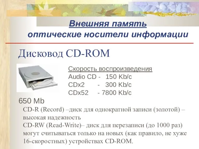 Дисковод CD-ROM 650 Mb Скорость воспроизведения Audio CD - 150 Kb/c CDx2