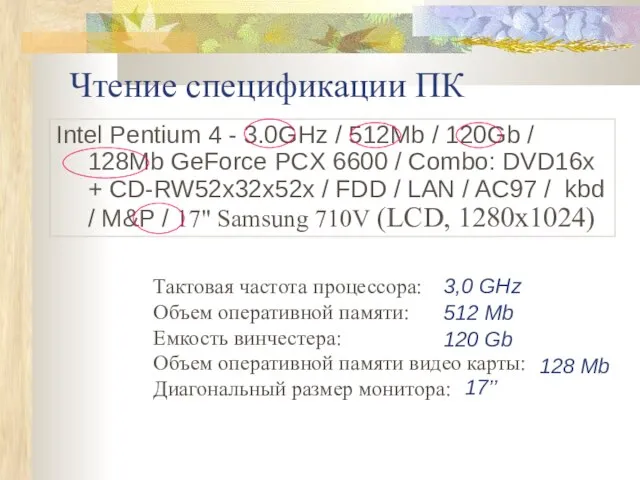 Чтение спецификации ПК Intel Pentium 4 - 3.0GHz / 512Mb / 120Gb