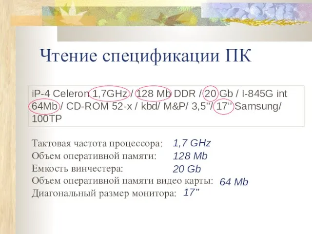 Чтение спецификации ПК iP-4 Celeron 1,7GHz / 128 Mb DDR / 20