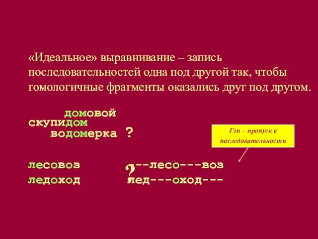 «Идеальное» выравнивание – запись последовательностей одна под другой так, чтобы гомологичные фрагменты