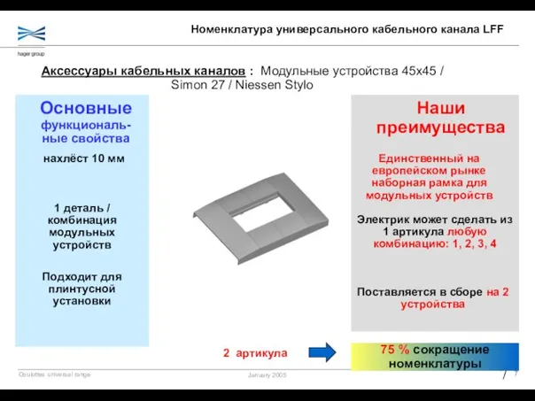 Аксессуары кабельных каналов : Модульные устройства 45x45 / Simon 27 / Niessen