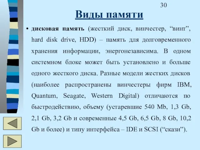 Виды памяти дисковая память (жесткий диск, винчестер, “винт”, hard disk drive, HDD)