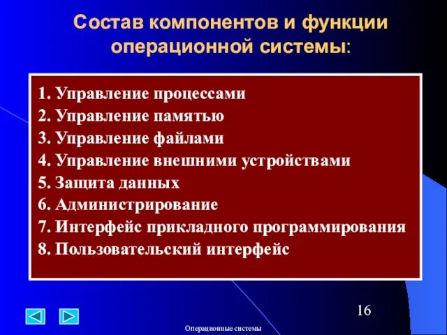 Состав компонентов и функции операционной системы: 1. Управление процессами 2. Управление памятью