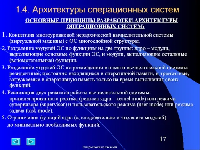 1.4. Архитектуры операционных систем ОСНОВНЫЕ ПРИНЦИПЫ РАЗРАБОТКИ АРХИТЕКТУРЫ ОПЕРАЦИОННЫХ СИСТЕМ: 1. Концепция