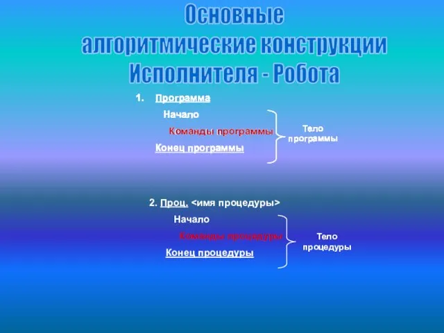 Программа Начало Команды программы Конец программы Основные алгоритмические конструкции Исполнителя - Робота