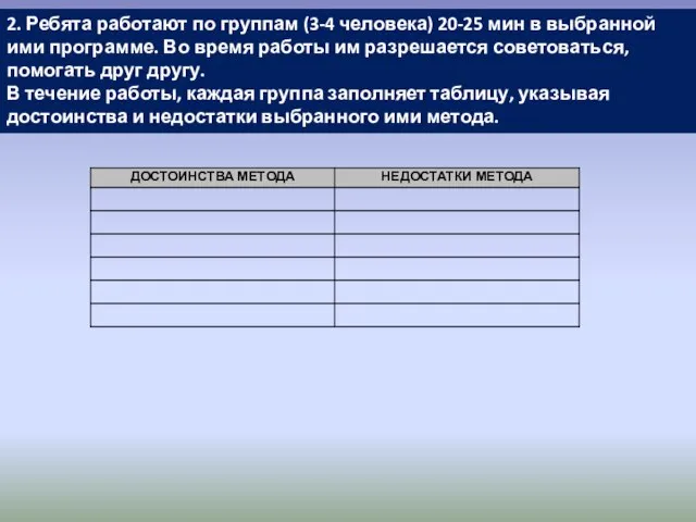 2. Ребята работают по группам (3-4 человека) 20-25 мин в выбранной ими