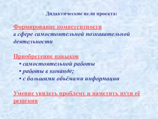 Дидактические цели проекта: Формирование компетентности в сфере самостоятельной познавательной деятельности Приобретение навыков