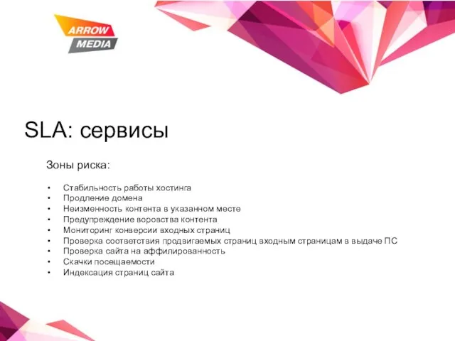 SLA: сервисы Зоны риска: Стабильность работы хостинга Продление домена Неизменность контента в