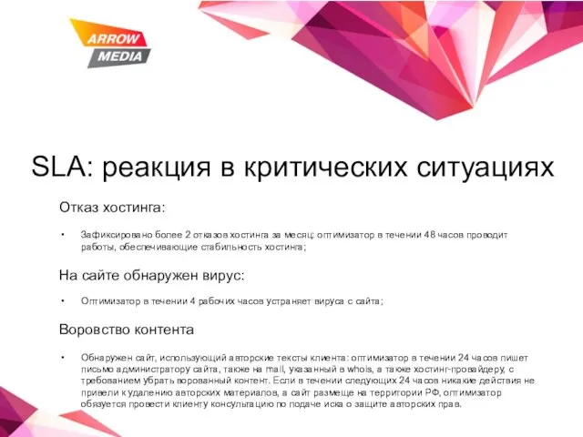 SLA: реакция в критических ситуациях Отказ хостинга: Зафиксировано более 2 отказов хостинга