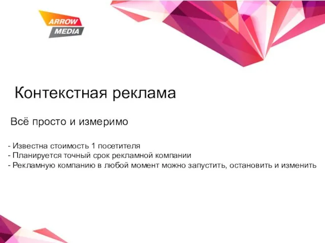 Контекстная реклама Всё просто и измеримо Известна стоимость 1 посетителя Планируется точный