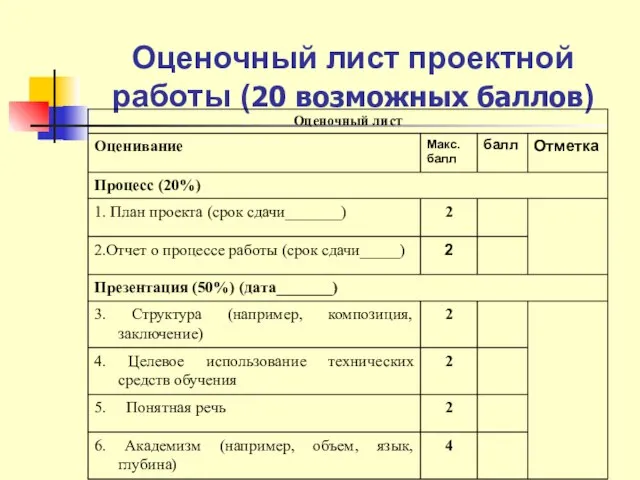 Оценочный лист проектной работы (20 возможных баллов)