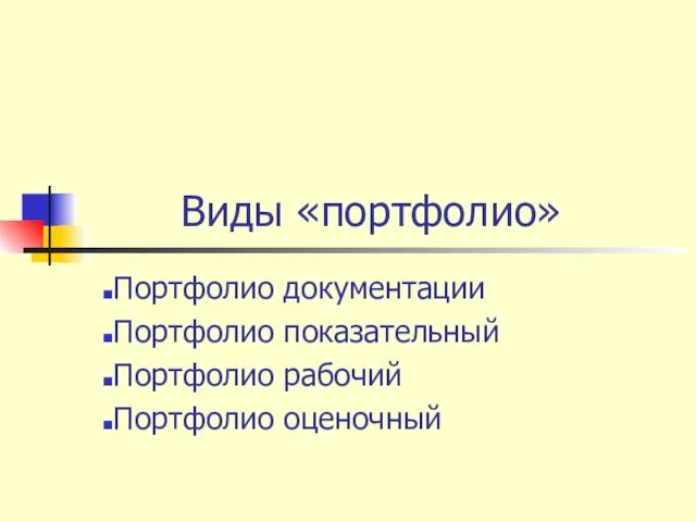 Виды «портфолио» Портфолио документации Портфолио показательный Портфолио рабочий Портфолио оценочный