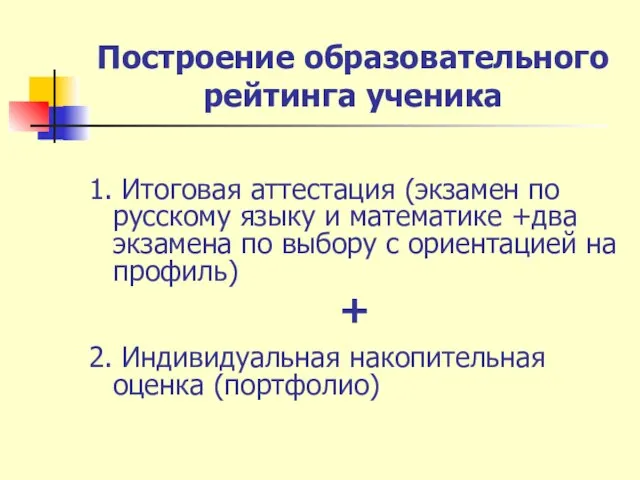 Построение образовательного рейтинга ученика 1. Итоговая аттестация (экзамен по русскому языку и