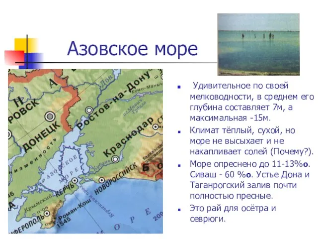 Азовское море Удивительное по своей мелководности, в среднем его глубина составляет 7м,