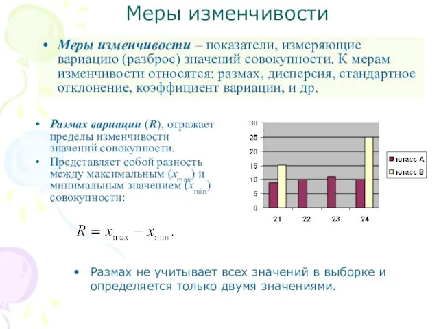 Меры изменчивости Меры изменчивости – показатели, измеряющие вариацию (разброс) значений совокупности. К