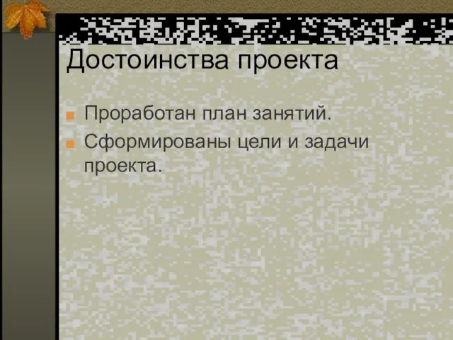 Достоинства проекта Проработан план занятий. Сформированы цели и задачи проекта.