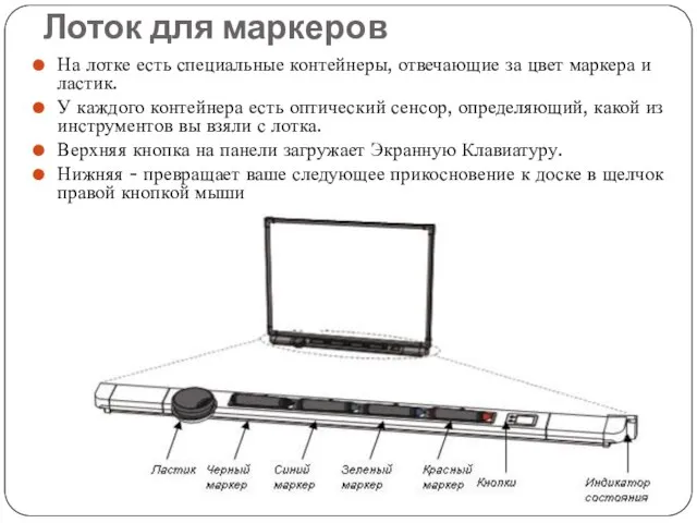 Лоток для маркеров На лотке есть специальные контейнеры, отвечающие за цвет маркера