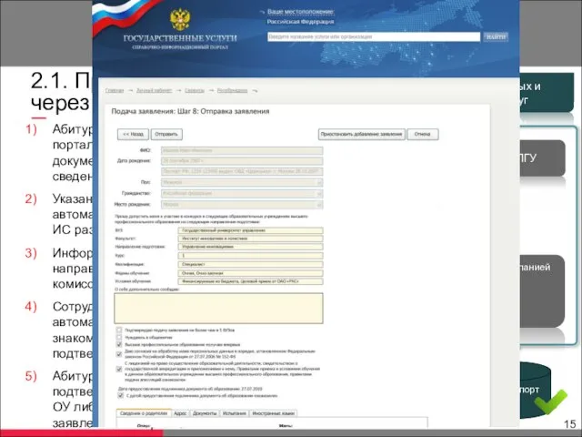 Прием документов от поступающих Подсистема взаимодействия с ПГУ Портал государственных и муниципальных