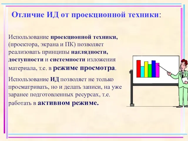 Использование проекционной техники, (проектора, экрана и ПК) позволяет реализовать принципы наглядности, доступности