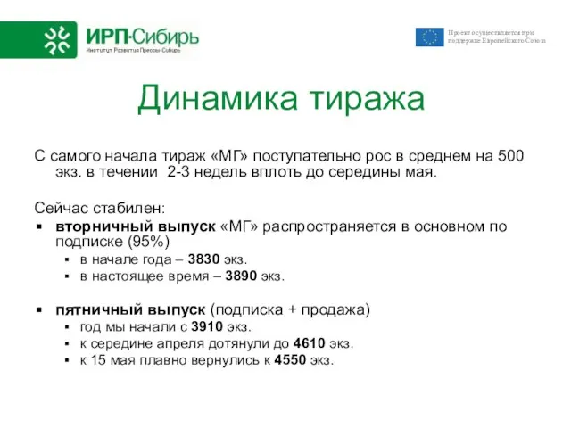 Динамика тиража С самого начала тираж «МГ» поступательно рос в среднем на