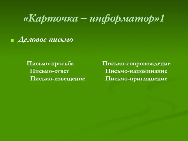 «Карточка – информатор»1 Деловое письмо Письмо-просьба Письмо-сопровождение Письмо-ответ Письмо-напоминание Письмо-извещение Письмо-приглашение