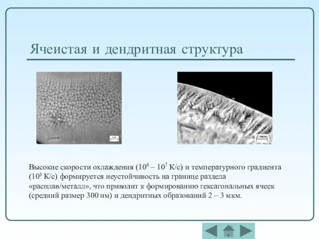 Ячеистая и дендритная структура Высокие скорости охлаждения (106 – 107 К/с) и