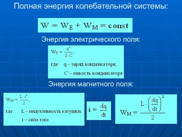 Полная энергия колебательной системы: Энергия электрического поля: Энергия магнитного поля: