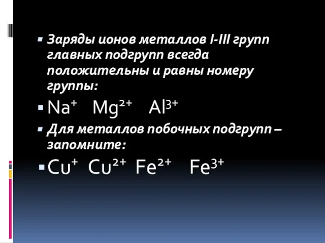 Заряды ионов металлов I-III групп главных подгрупп всегда положительны и равны номеру