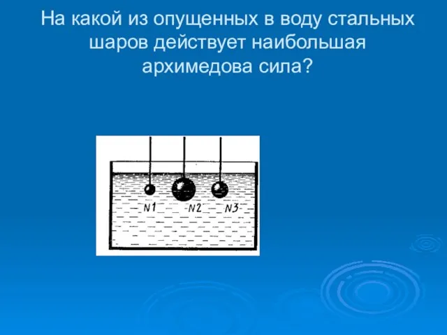 На какой из опущенных в воду стальных шаров действует наибольшая архимедова сила?