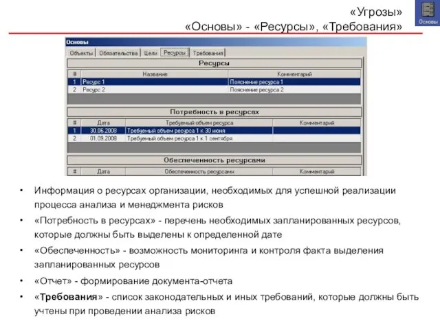 «Угрозы» «Основы» - «Ресурсы», «Требования» Информация о ресурсах организации, необходимых для успешной