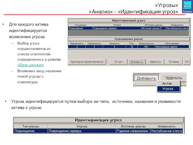 «Угрозы» «Анализ» - «Идентификация угроз» Для каждого актива идентифицируется возможная угроза Выбор