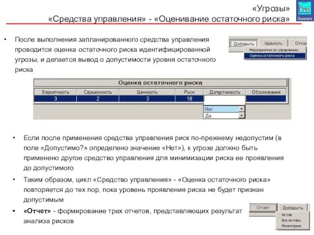 «Угрозы» «Средства управления» - «Оценивание остаточного риска» После выполнения запланированного средства управления