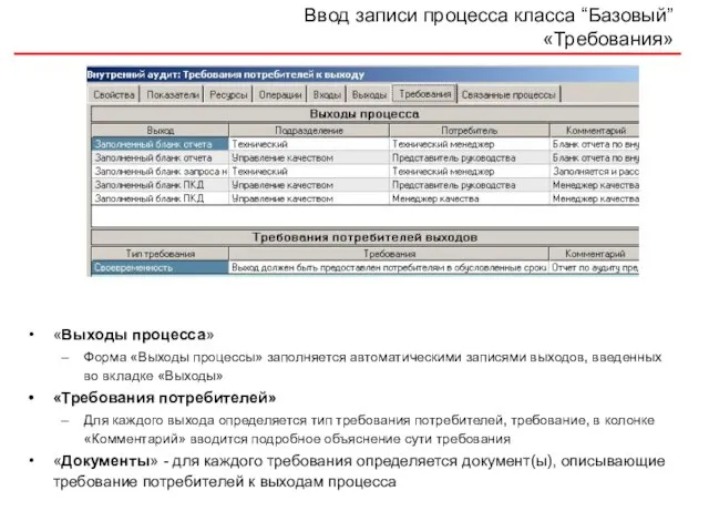 Ввод записи процесса класса “Базовый” «Требования» «Выходы процесса» Форма «Выходы процессы» заполняется