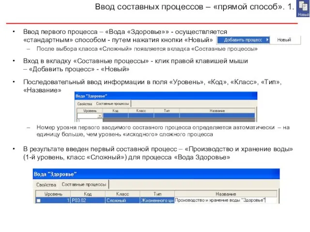 Ввод первого процесса – «Вода «Здоровье»» - осуществляется «стандартным» способом - путем