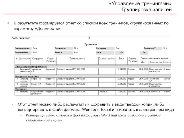 «Управление тренингами» Группировка записей В результате формируется отчет со списком всех тренингов,