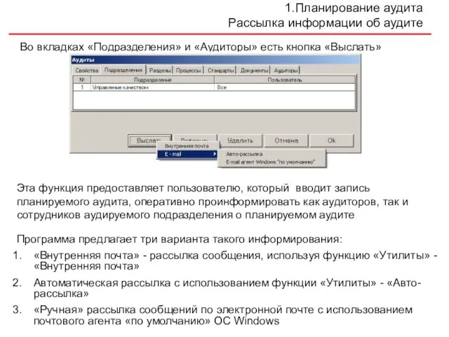 Планирование аудита Рассылка информации об аудите Во вкладках «Подразделения» и «Аудиторы» есть