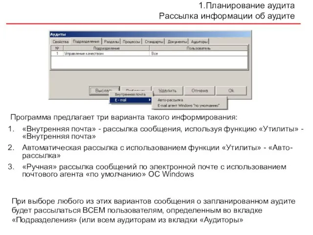 Планирование аудита Рассылка информации об аудите Программа предлагает три варианта такого информирования: