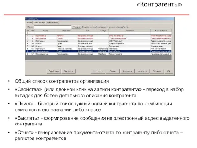 «Контрагенты» Общий список контрагентов организации «Свойства» (или двойной клик на записи контрагента»